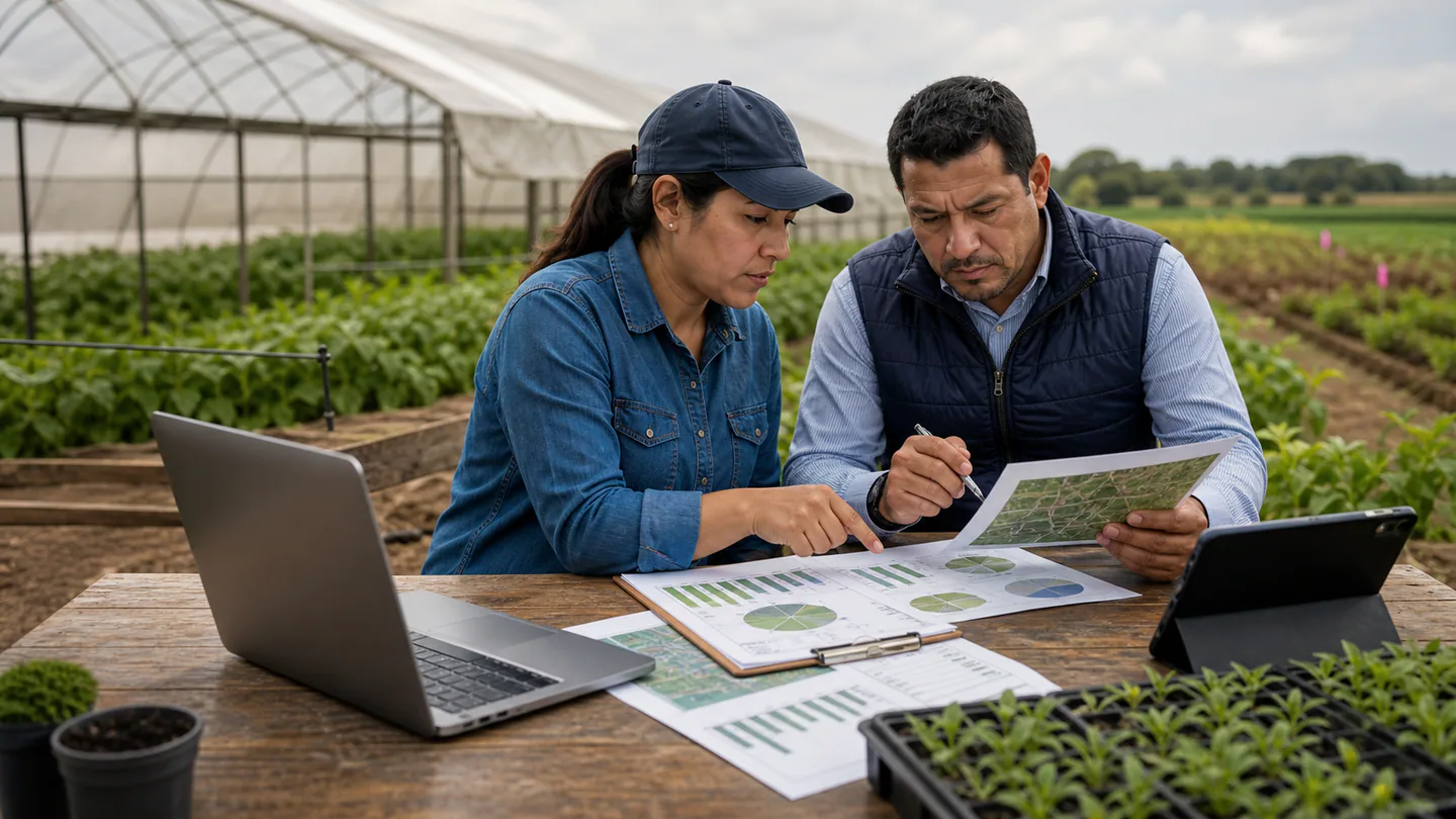 Dos profesionales del agro revisan información con una computadora en el campo
