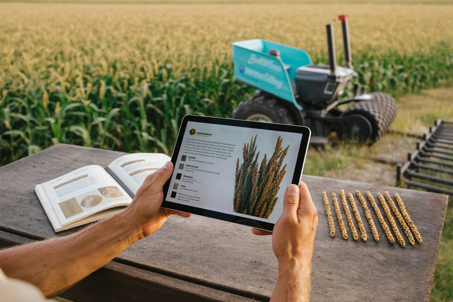 Manos de un agrónomo revisando datos de cultivo en una tableta