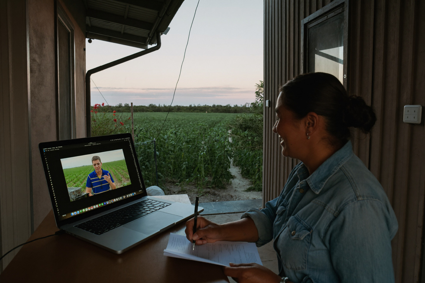 Productora agrícola en videollamada con un asesor académico