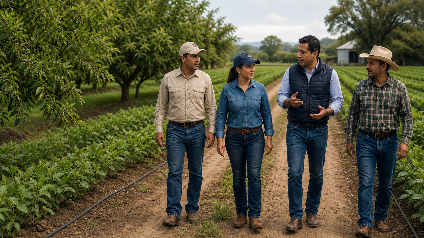 Equipo de profesionales recorriendo un cultivo